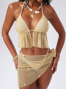Swim EVENT 3pcs/Set Women Summer Vacation Knit Hollow Shell Decor Strap Boho Style Music Festival Bikini Swimwear Set - Apricot - View 5