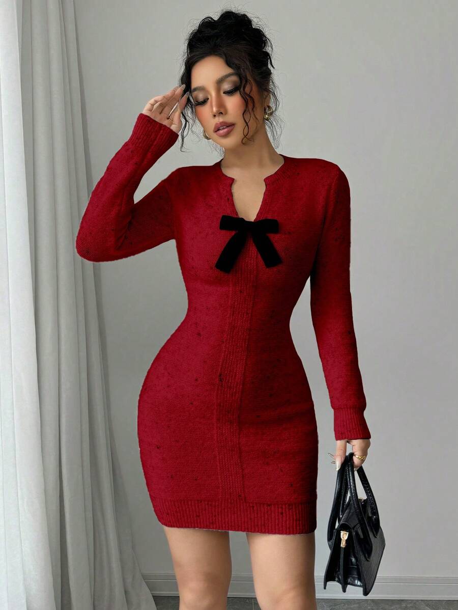 SHEIN ChicEase 2024 Autumn/Winter Fashion Elegant V-Neck Bow Design Fitted Sweet Knit Midi Dress - Burgundy - View 1