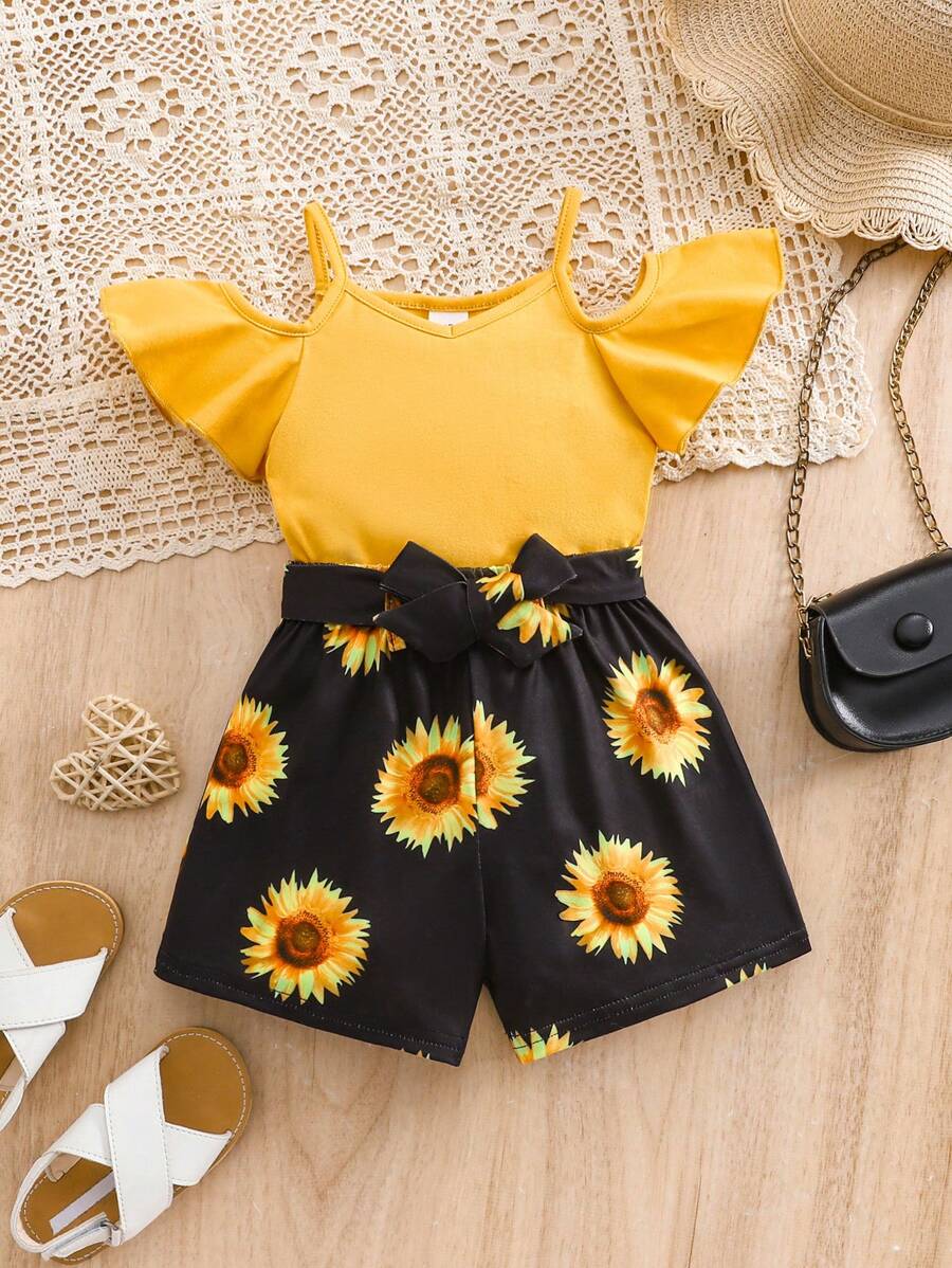 SHEIN 女婴可爱花卉印花针织露肩上衣和短裤套装，夏季