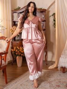 Côtesoire Plus Size 3D Ruffles Patchwork Cap Sleeve Color Matching Pajama Set