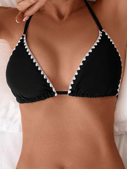 Swim Basics Women's Contrast Trim Black Halter Bikini Top, For Summer Beach Vacation