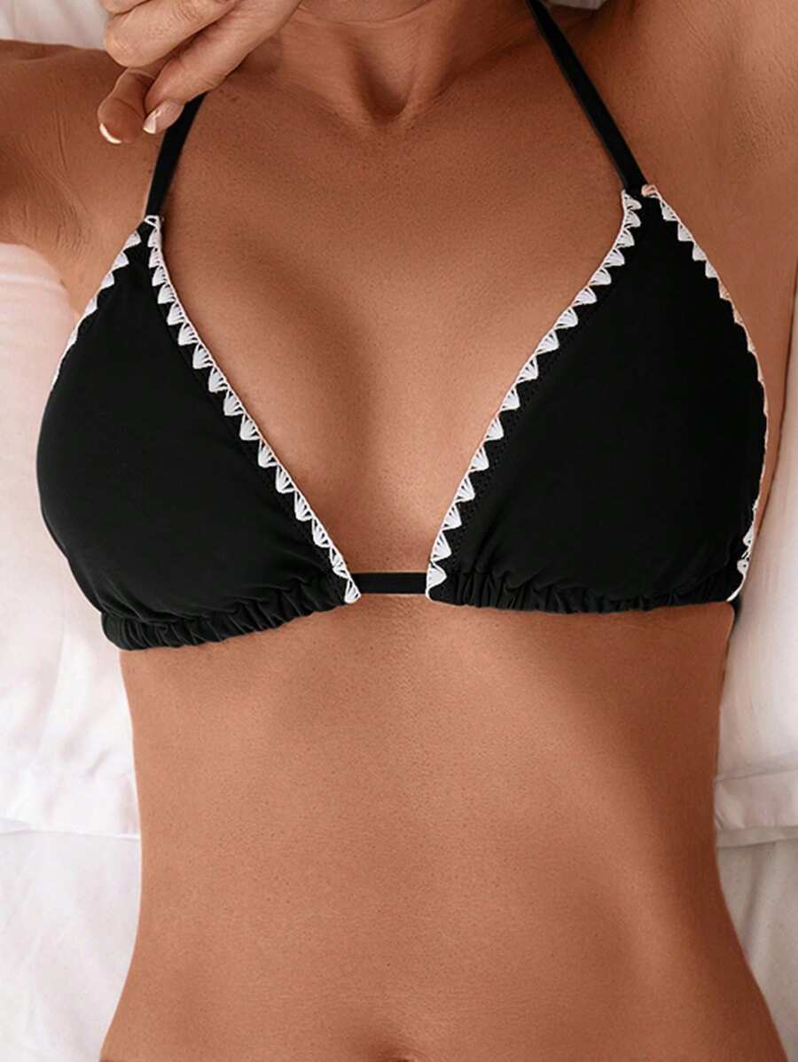 Swim Basics 女士撞色饰边黑色吊带比基尼上衣，适合夏季海滩度假 - 黑色 - 查看 1