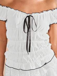 SHEIN BAE Women's Elegant Contrast Color Trim Off-The-Shoulder Blouse - White - View 5