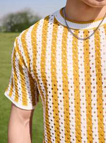 Manfinity Chillmode Men's Striped Crew Neck Short Sleeve Hollow Out Knit Top - Yellow - View 7