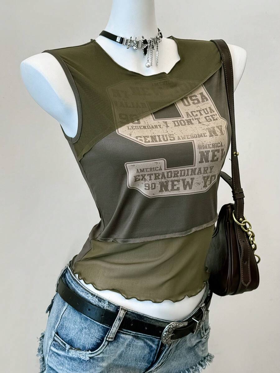 SHEIN EZwear 夏季音乐会女款西部图形音乐节图案短款字母印花上衣