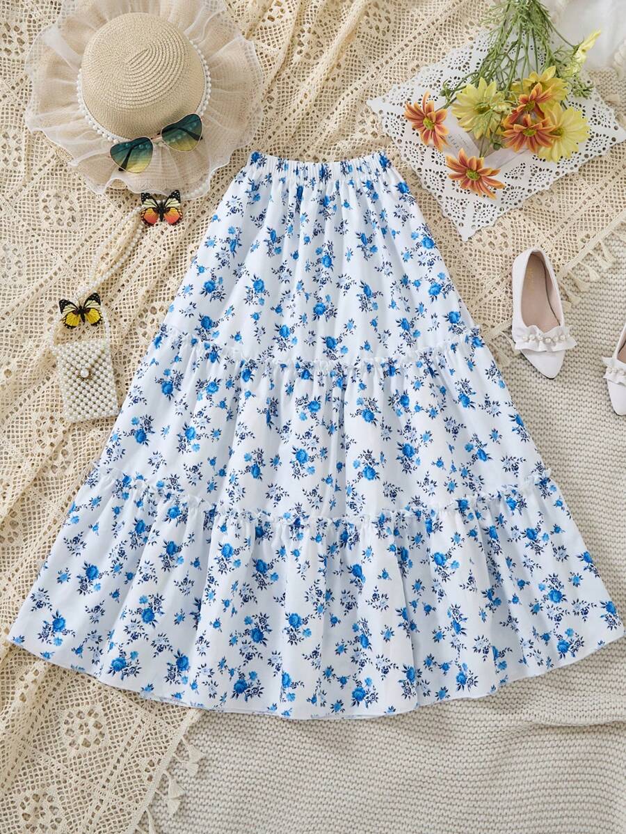 Tween Girls' Holiday Style Ditsy Floral Layered Patchwork Maxi Skirt, Suitable For Spring/Summer,Holiday,Summer,Travel - Blue - View 1