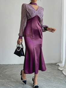 DAZY Lace Patchwork Hollow Out Cocktail Dress, Waisted, Mermaid Hem, For Women Prom Dress,Formal Women Dresses,Fall Dress Long Sleeve Dress