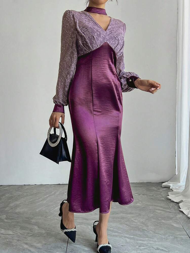 Lace Patchwork Hollow Out Cocktail Dress, Waisted, Mermaid Hem, For Women Prom Dress,Formal Women Dresses,Fall Dress Long Sleeve Dress