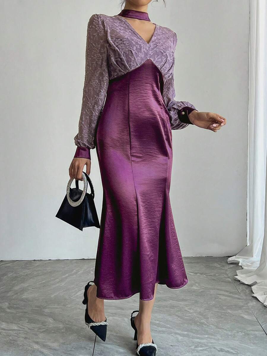 DAZY Lace Patchwork Hollow Out Cocktail Dress, Waisted, Mermaid Hem, For Women Prom Dress,Formal Women Dresses,Fall Dress Long Sleeve Dress