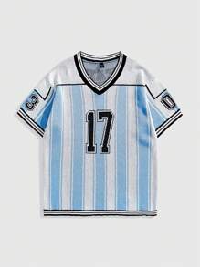 ROMWE MEN Prep Men's Jersey Casual Stripe V-Neck Short Sleeve Knit Tops - Baby Blue - View 1