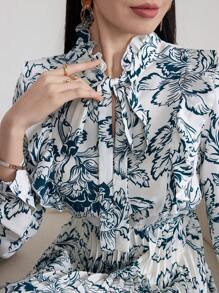 Modelyn Damen Urlaubs-Kleid mit floralem Muster, V-Ausschnitt, Langarm, elegant