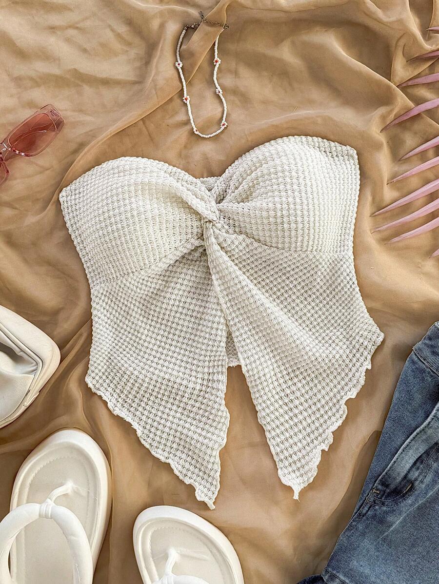 Soleia Áo crop top dệt kim gân màu mơ xoắn viền bất đối xứng cho nữ, thích hợp cho kỳ nghỉ, lễ hội âm nhạc, phong cách Bohemian, ngày lễ, hẹn hò, trà chiều - Màu be - Xem 1