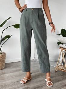 EMERY ROSE Women Solid Color Pleated Straight Leg Casual Pants - Green - View 1