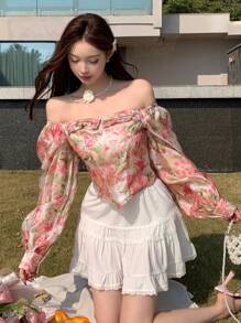 DAZY 1件女款花卉印花露肩長燈籠袖上衣，度假夏季長袖襯衫，波希米亞風外出上衣 - 粉色 - 查看 7