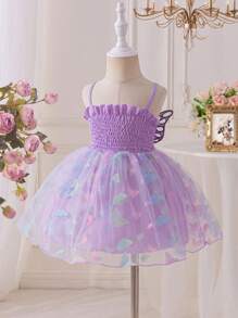 SHEIN 女婴 0-3 岁可爱 3D 蝴蝶彩色蝴蝶背面 3D 蝴蝶薄纱泡泡袖公主裙细肩带连体衣，春夏 - 紫色 - 查看 2