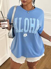 SHEIN EZwear Plus Size Summer Blue Letter Print Casual Vacation Loose T-Shirt