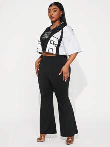 SHEIN SXY 2pcs/Set Plus Size Women Letter Print Short Sleeve Top And Flare Pants - Multicolor - View 3