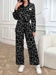 Mulvari 2pcs Women Casual Set: Letter & Leopard Print Long Sleeve Shirt And Pants