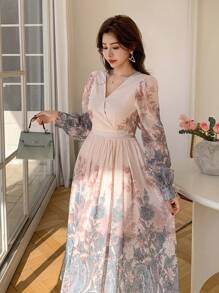 DAZY Đầm dài đến đầu gối in hoa, cổ vuông, dành cho nữ, thanh lịch, xếp nếp, thích hợp cho đám cưới, mùa thu, tay dài, lễ Phục sinh. - Hồng - Xem 5