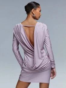 Athîral Women's Backless Hanging Draped Long Sleeve Dress Party Wear - Pink - View 5