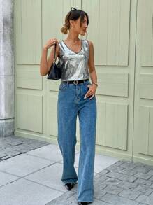 SHEIN LUNE Neuer Pailletten verzierter ärmellose Lässig Tank Top für Frühling & Sommer, Streetfashion Top für Valentinstag