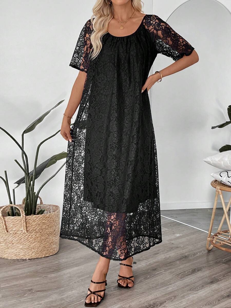 EMERY ROSE Women Elegant Solid Color Lace Dress - Black - View 1
