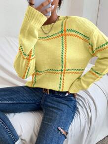 SHEIN LUNE Áo len dệt kim dáng rộng hở vai kẻ sọc thường ngày, áo chui đầu dệt kim thu/đông - Màu vàng - Xem 3