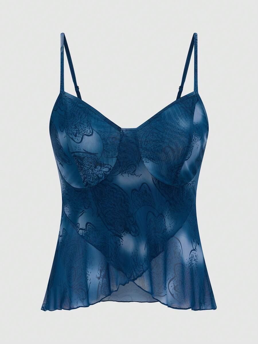 Flirla 大码女式蝴蝶印花休闲不对称下摆吊带背心，夏季 - 藍色 - 查看 1