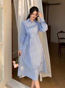DAZY Striped Loose Asymmetrical Belted Midi Shirtdress For Women Sundress,Casual Women Dresses,Fall Dress,Teacher Outfits Long Sleeve Dress
