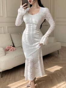 DAZY 2pcs Women Set: Lace Collar Blouse And Fishtail Skirt,Fall Women Clothes Lounge Sets For Women - Beige - View 4