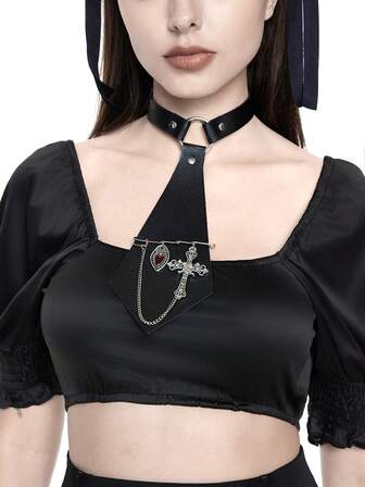 Grunge Punk 1 pezzo Collana con ciondolo a croce, stile choker in pelle sintetica PU personalizzato bondage, con anello rotondo stile cravatta formale punk