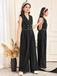 SHEIN Tween Girls Elegant Commuter Solid Woven Blazer Collar Double-Breasted Sleeveless Cinched Waist Wide Leg Jumpsuit, Black Jumpsuit, Ladylike Style, Casual Outing, Back To School, Mommy And Me Matching Outfits