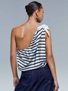 Athîral Blusa holgada casual sin mangas a rayas para mujer - Blanco y Negro - Ver 5