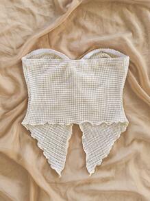 Soleia Áo crop top dệt kim gân màu mơ xoắn viền bất đối xứng cho nữ, thích hợp cho kỳ nghỉ, lễ hội âm nhạc, phong cách Bohemian, ngày lễ, hẹn hò, trà chiều - Màu be - Xem 2