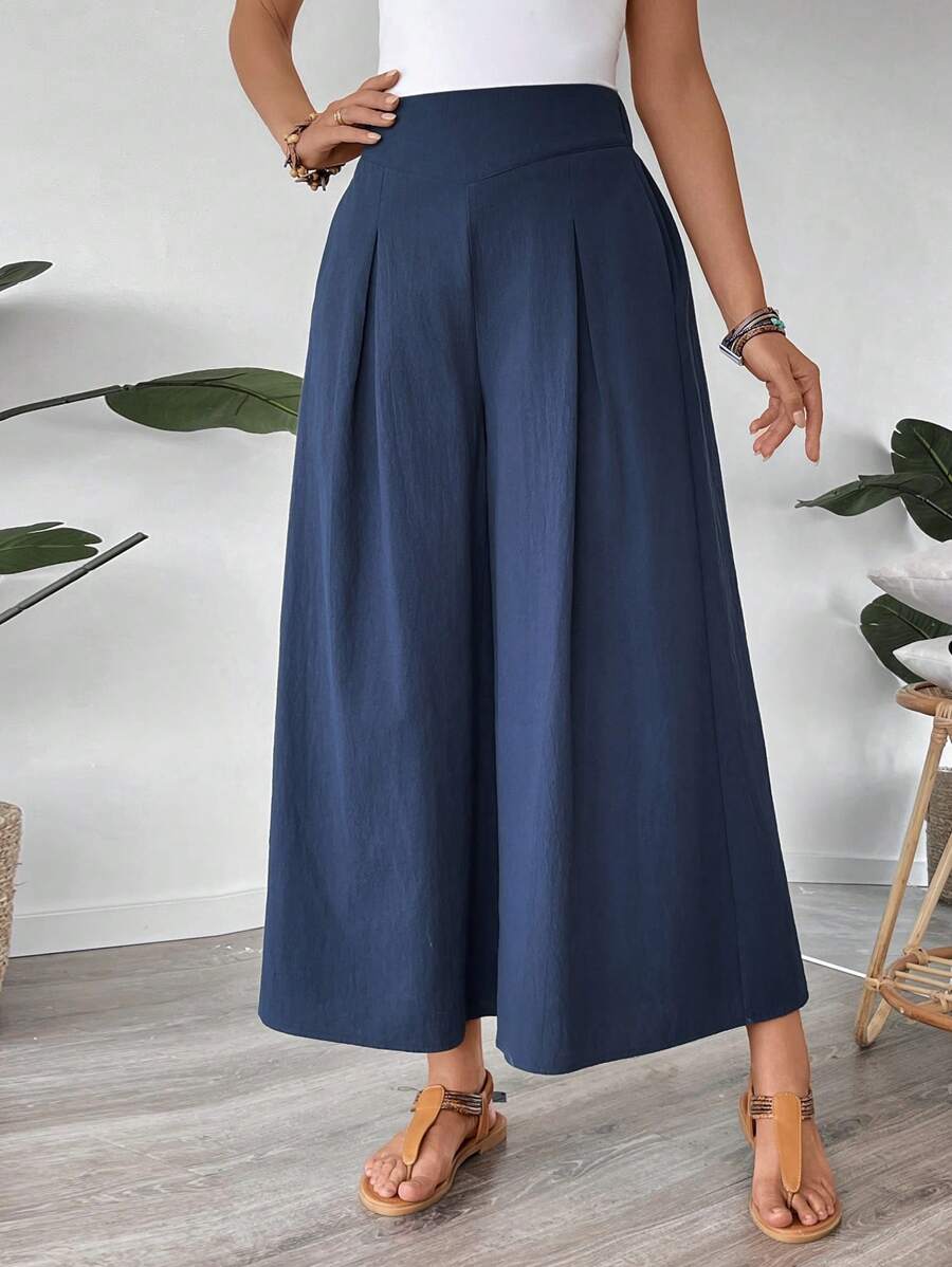 EMERY ROSE Women's Solid Color Pleated Wide Leg Loose Casual Pants - Navy Blue - View 1