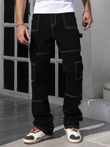 ROMWE MEN Street Life Men's Punk Color Block Stitching Flare Leg Jeans