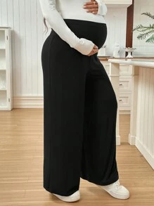 SHEIN بناطيل سروال متسع القدمين قابلة للتعديل، بنطلون أمومة بلون أحادي - الأسود - مشاهدة 7
