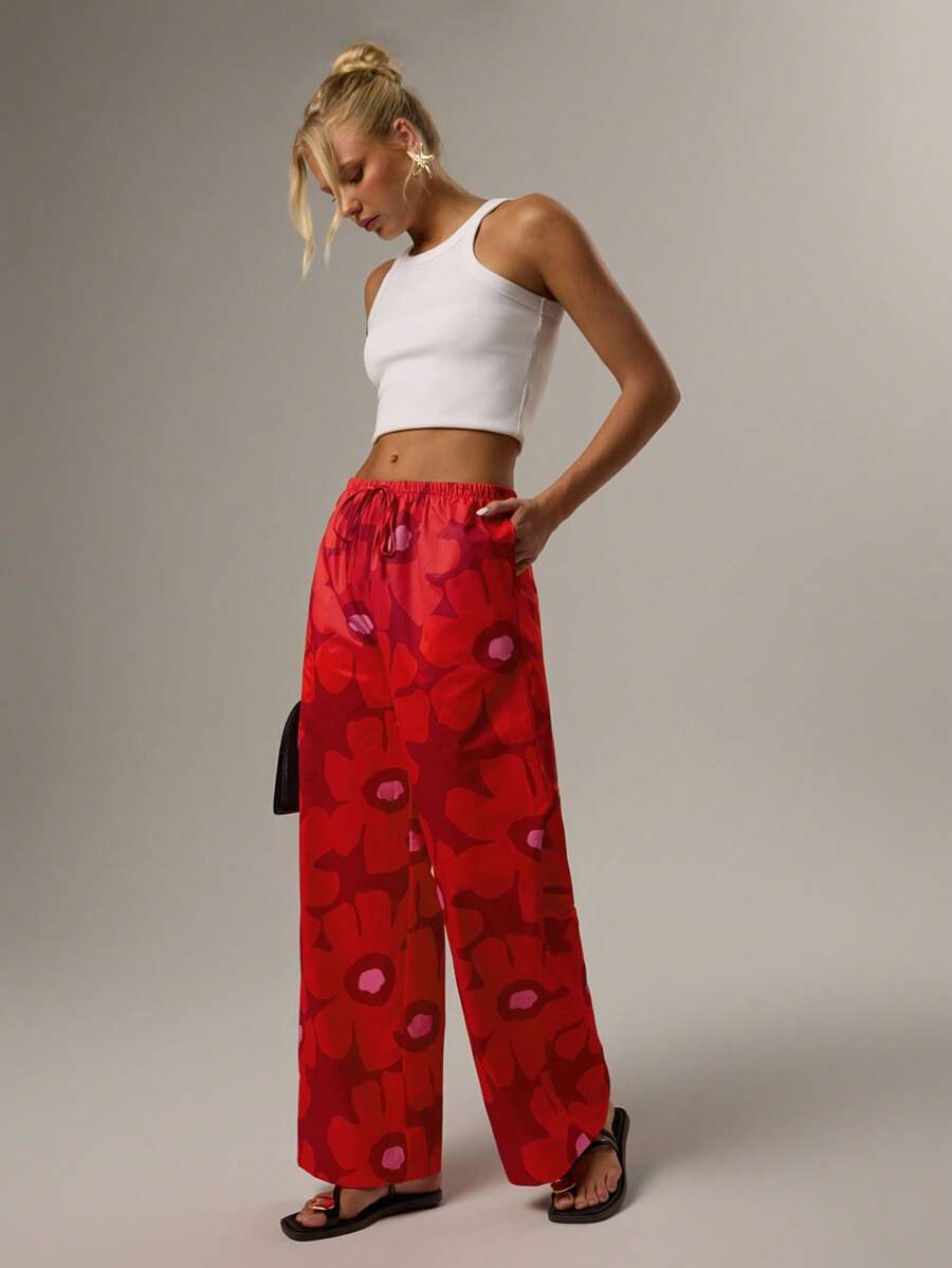 Forever 21 女式花卉印花系腰直筒休闲裤