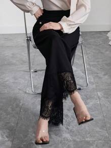 Modelyn Fashionable Casual Lace Trim Wide Leg Pants - Black - View 3