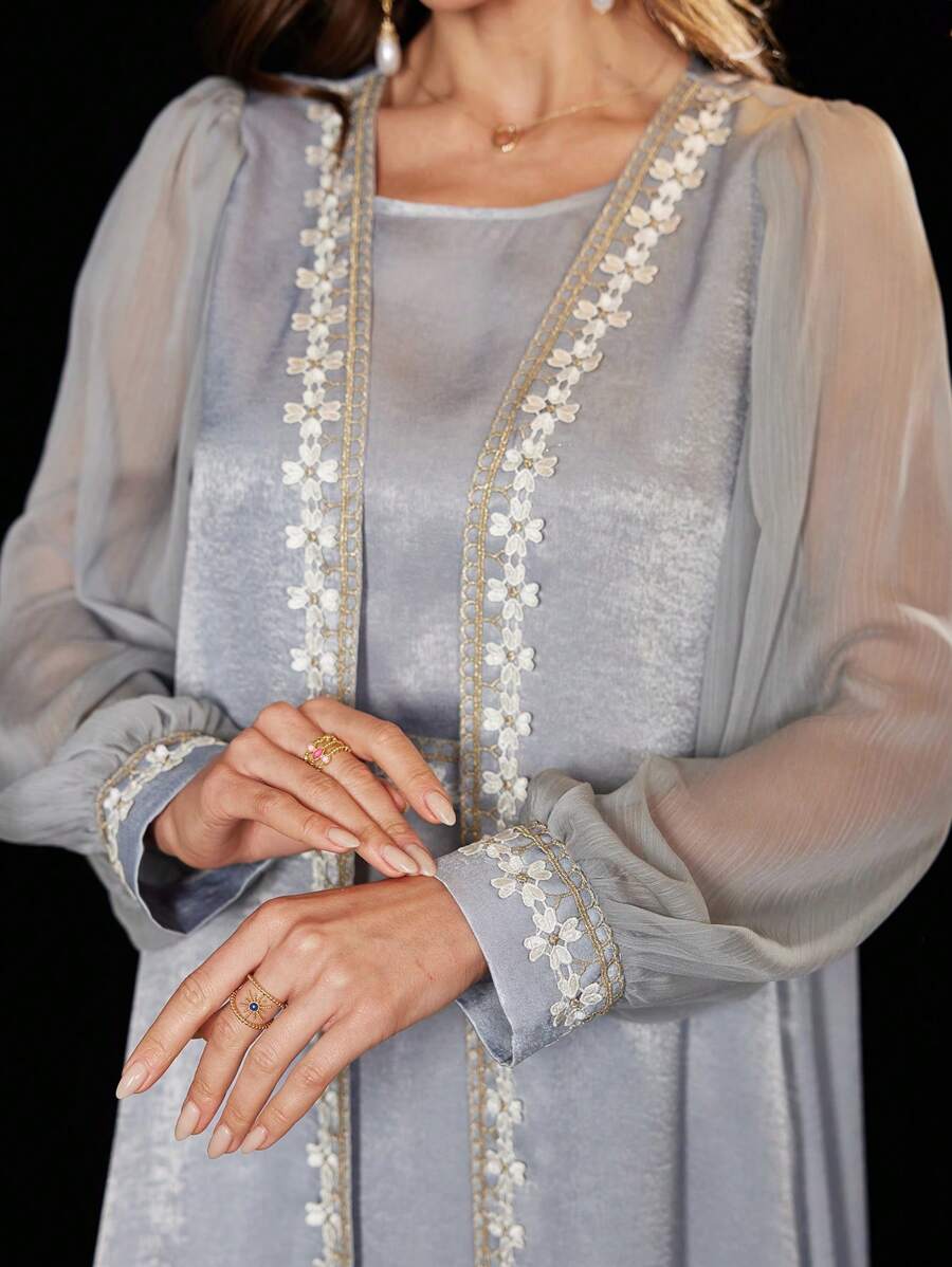 Al Najma Women's Grey-Blue Acetate Velvet Sleeve & Chiffon Panel Dress With Ruffle Trim And Waist Tie+ Abaya Jacket Set - Baby Blue - View 1