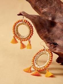 SHEIN VCAY Vacation Boho Creative Orange Tassel Ear Rings, Exaggerated Vintage Handmade Bead Earrings