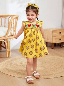 Cozy Pixies Baby Girl Pattern Square Neck Ruffle Trim Waist Sleeveless Dress - Yellow - View 4