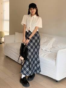 DAZY Women's Plaid Casual Loose Mid-Length Skirt