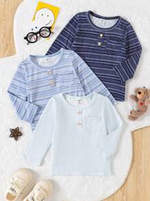 SHEIN 3pcs/Set Baby Boy Casual Striped Long Sleeve Crew Neck Loose Pullover Top, Comfortable & Versatile For Outdoor & Sports, Spring Autumn - Multicolor - View 1