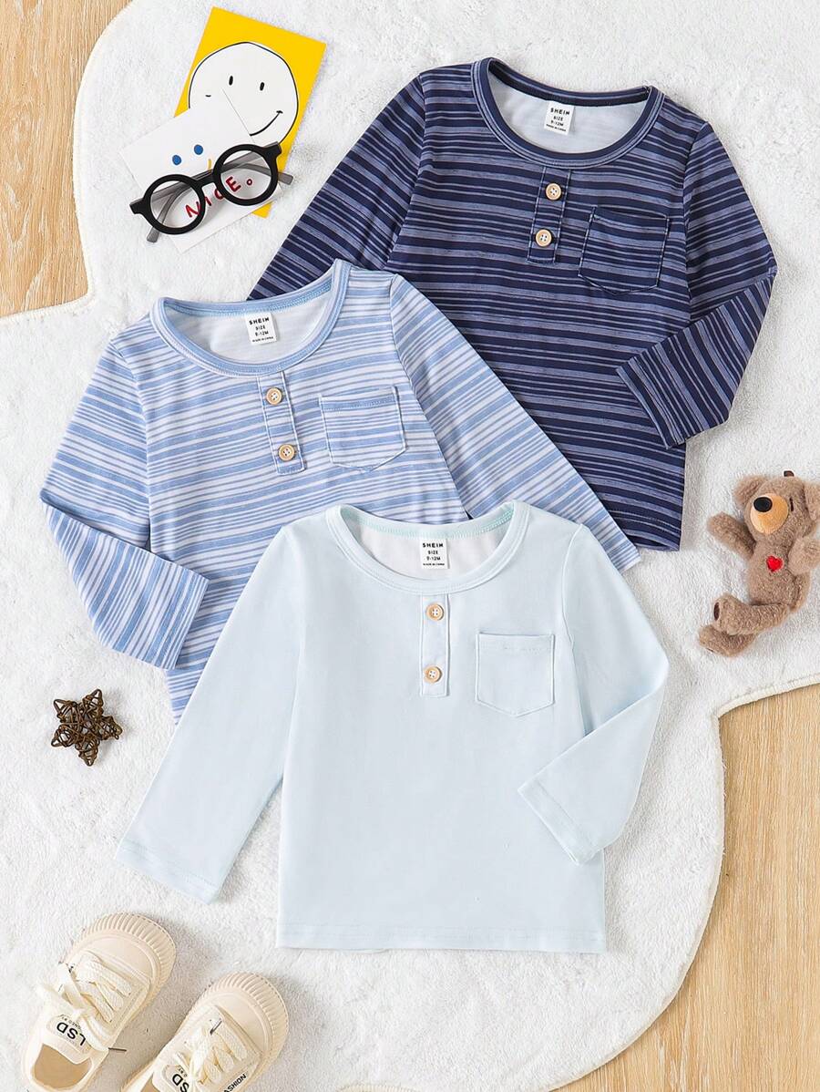 SHEIN 3pcs/Set Baby Boy Casual Striped Long Sleeve Crew Neck Loose Pullover Top, Comfortable & Versatile For Outdoor & Sports, Spring Autumn - Multicolor - View 1