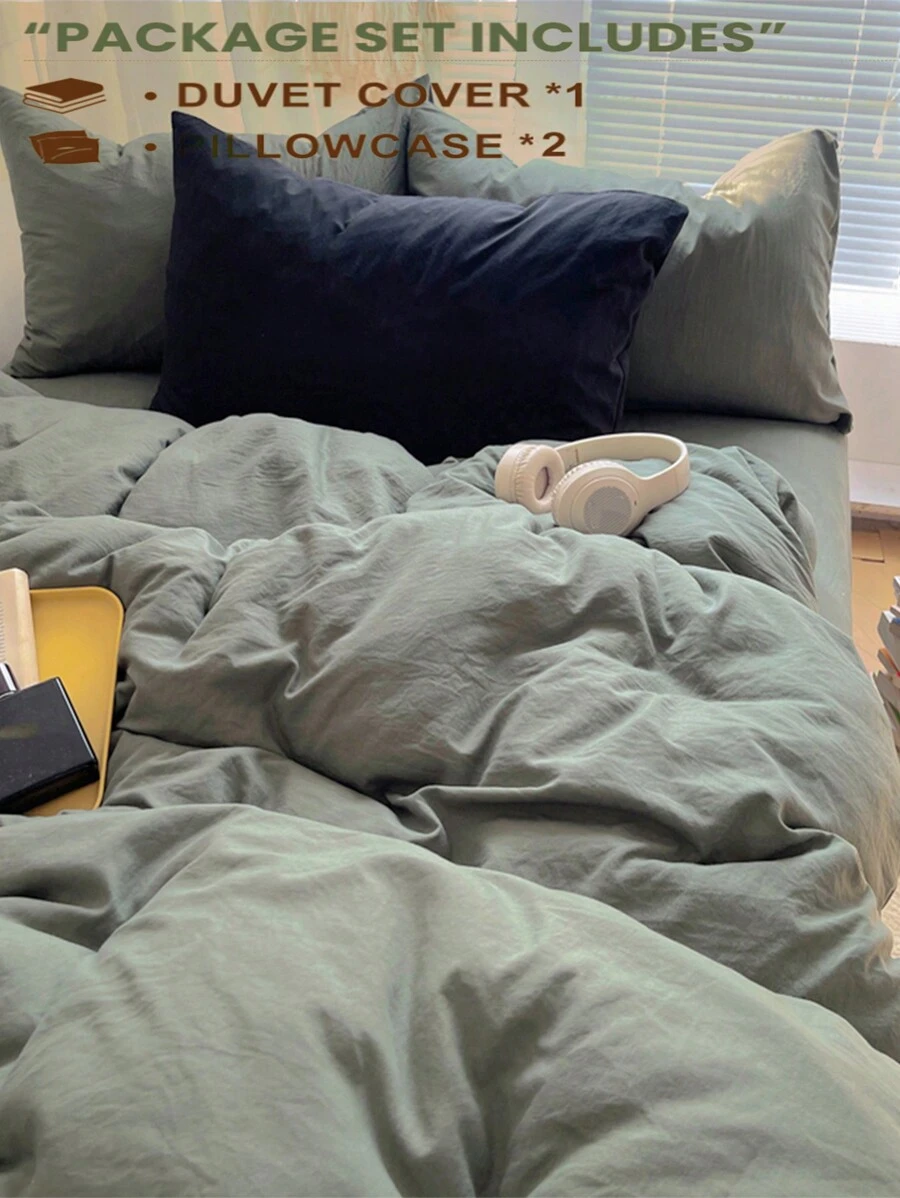 Set de ropa de cama dormitorio de 3 piezas, color verde manzana, 1 funda nórdica y 2 fundas de almohada, sin relleno, lavable a máquina - Verde - Ver 1
