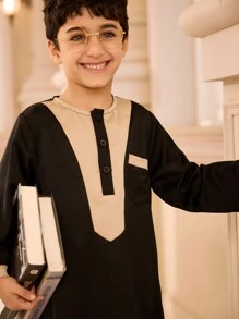 SHEIN Young Boy Contrast Color Round Neck Button Half-Placket Long Sleeve Casual Shirt - Black - View 1