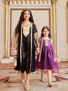 SHEIN Set de 2 piezas con vestido de niña preadolescente bordado con lentejuelas y chaqueta con superposición de malla - Negro - Ver 8