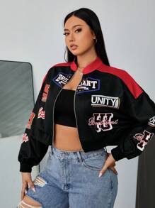 SHEIN EZwear 大码女式彩色块字母印花短款夹克 - 紅色 - 查看 1
