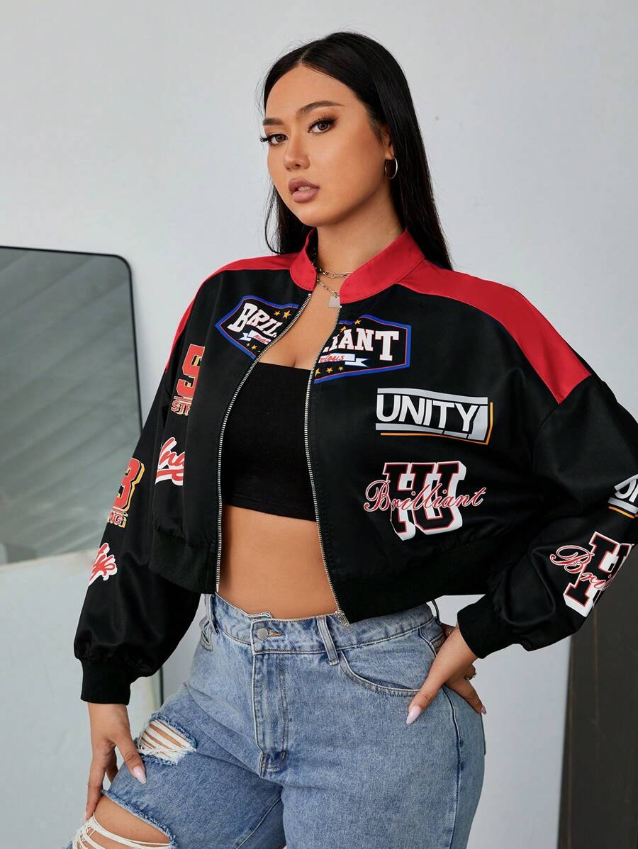 SHEIN EZwear 大码女式彩色块字母印花短款夹克 - 紅色 - 查看 1